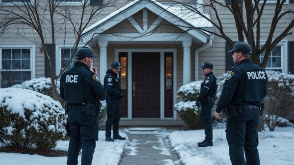 ICE officers outside home in winter snow during phone confiscation.