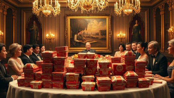 Elegant room with fast food platters and guests at formal event