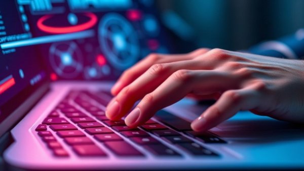 Hands typing on laptop with digital AI overlay, agentic AI website interactions.