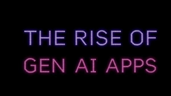 Futuristic digital text on the rise of generative AI apps.