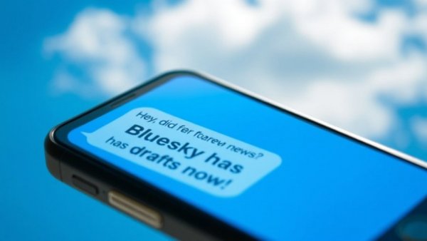 Smartphone screen showing a message about Bluesky drafts with a blue sky backdrop.