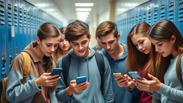 Teens using smartphones in school hallway, related to Australia teen social media ban.