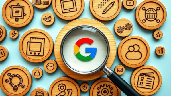 Google search engine strategies concept with icons highlighting technology and growth.