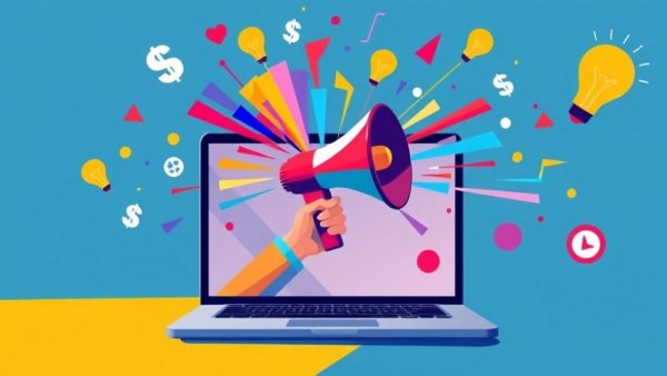 Colorful digital marketing collage with megaphone and laptop for best PPC ad networks.