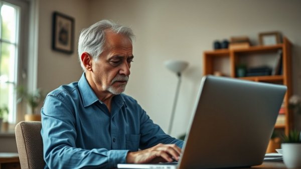 Elderly man contemplating search referral traffic decline at home