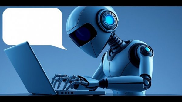 Sleek futuristic AI bot typing on a laptop with text bubble.