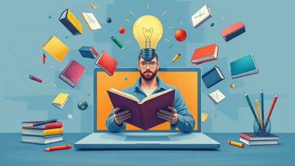 Surreal artwork illustrating Answer Engine Optimization concept with books and lightbulb.