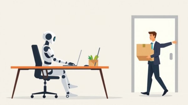 AI leads U.S. job cuts illustration with humanoid robot at desk.