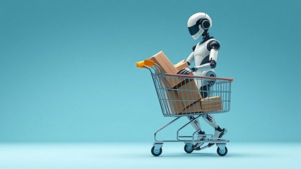 Agentic AI robot shopping concept with packages in cart