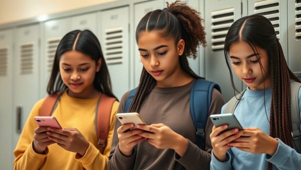 Teenagers using smartphones amidst age verification law changes.