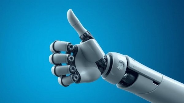 Futuristic robotic hand giving thumbs up with blue background.