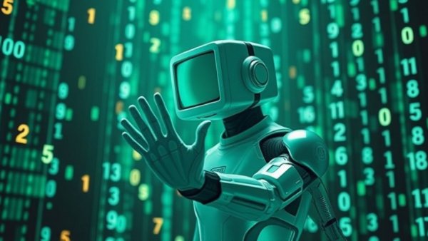 Futuristic figure with AI head interacting with digital numbers.