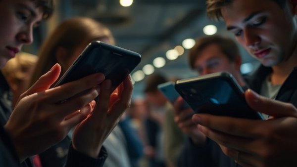 Hands holding smartphones indoors, focusing on screens.