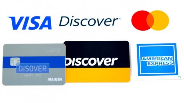 Credit card acceptance logos with Visa, MasterCard, Discover, and Amex.