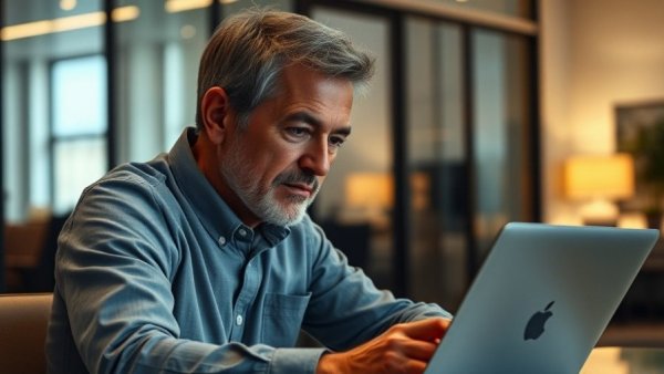 Man analyzing data on laptop in modern office for Google robots.txt updates.