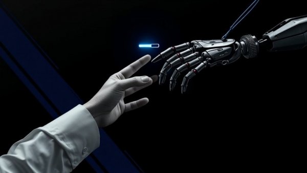 Surreal interaction between human and robotic hands symbolizing digital connection on a fully non-human web.