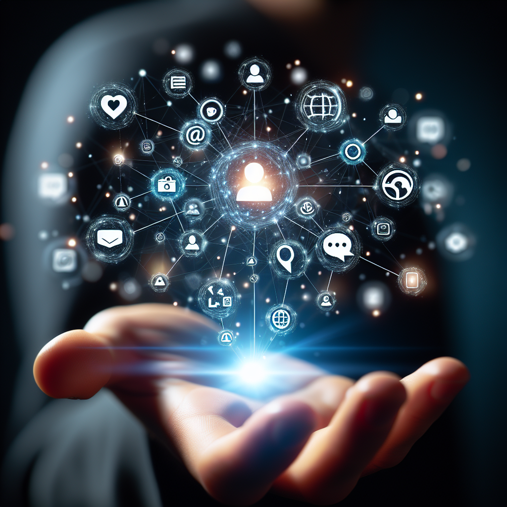 A group of interconnected social media icons floating above a person's hand, representing how social media marketing can bring your brand to new heights.