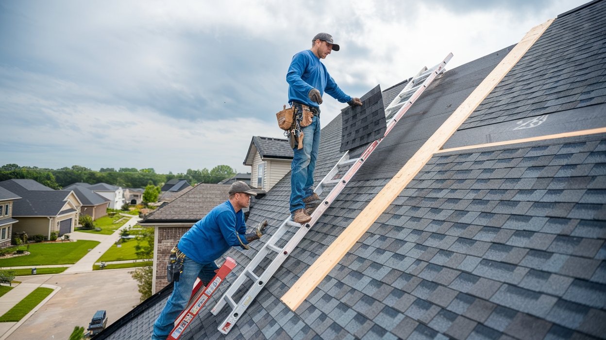 high-quality roofing material, neat, stacked in a warehouse, photorealistic, industrial storage with palettes and forklifts, highly detailed, dust motes and sunlight beams, clear image, warm colors, artificial lighting, shot with a standard 50mm lens.