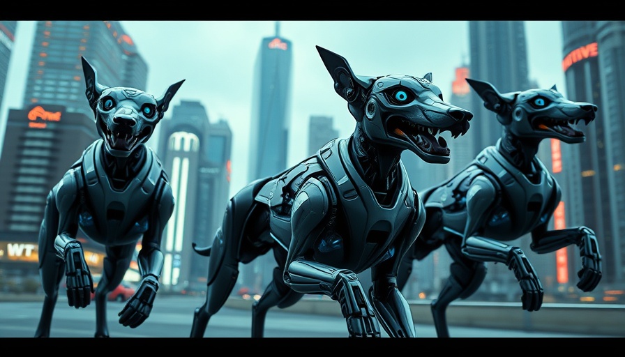 Futuristic robot dogs in action in a modern city.