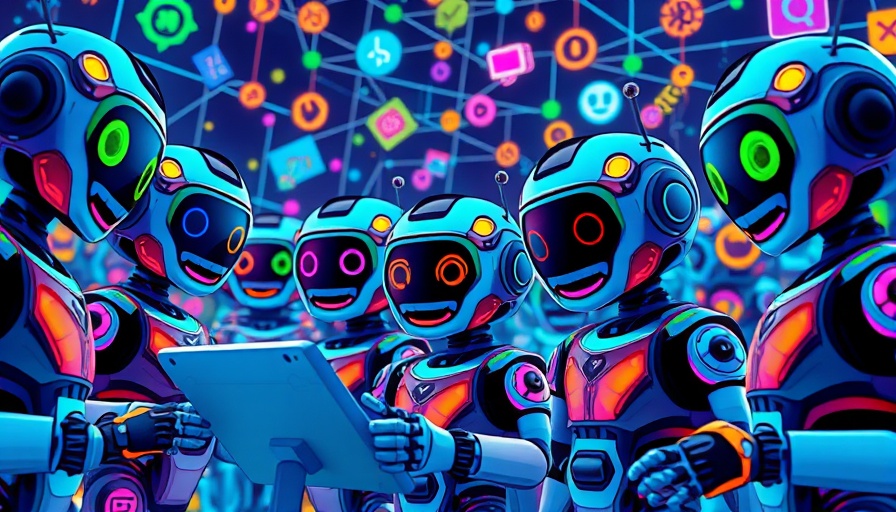 Cartoon AI robots in a vibrant digital space interacting with technology