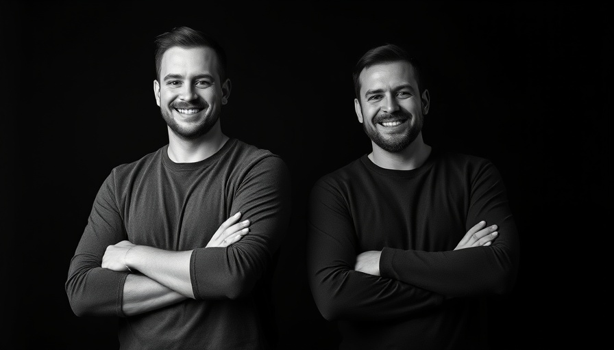 Two smiling men with arms crossed, AI development, monochrome