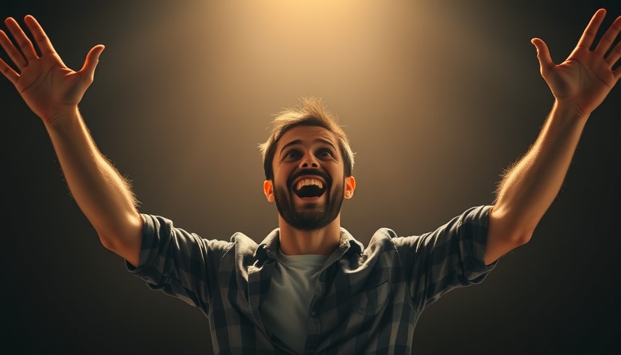 Enthusiastic man with raised arms, smiling, dark background