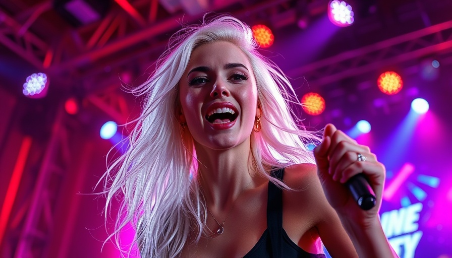 Blonde woman energetically performing on stage with vibrant lights.