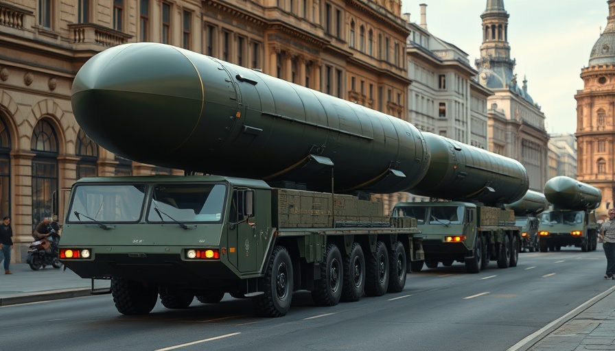 Military missile transport vehicles in city parade, photorealistic scene