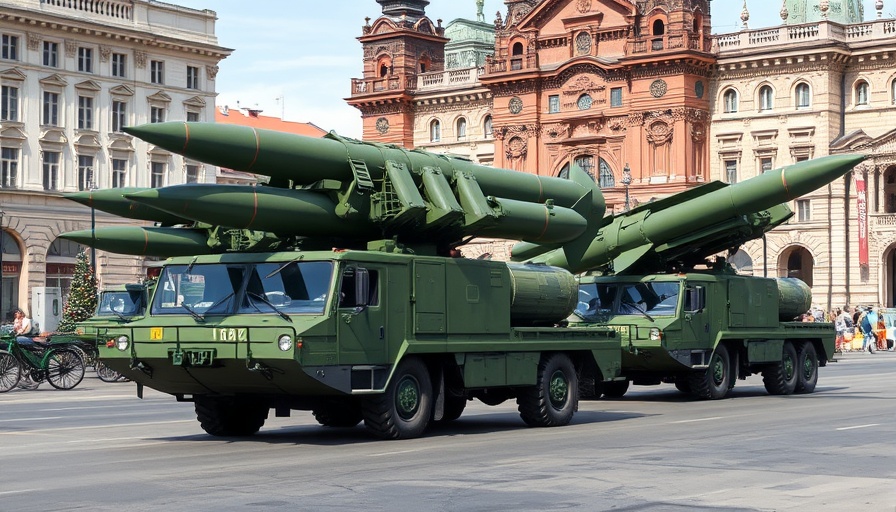 Russia missile convoy in historic city square showing military power.