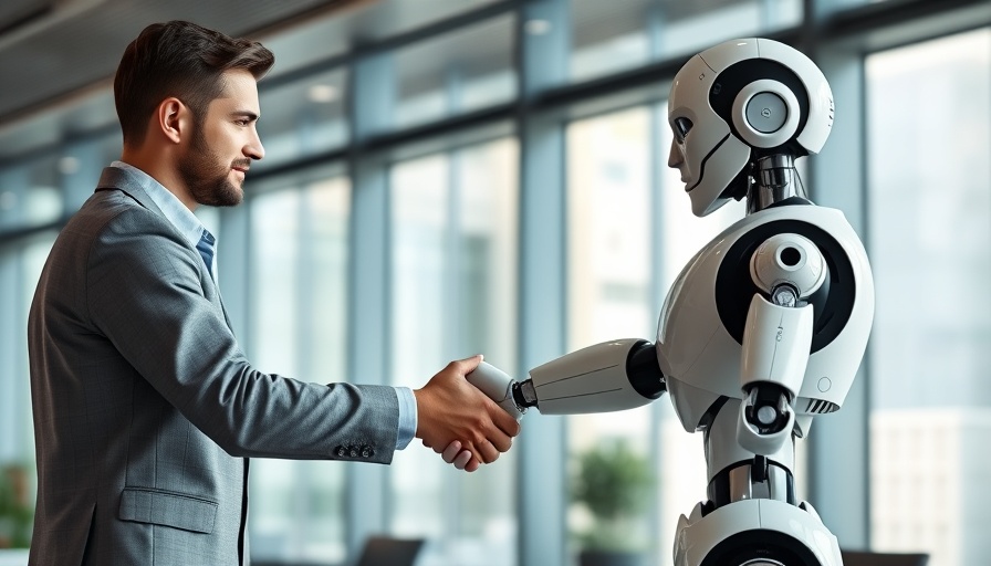 Human and robot shaking hands in office, symbolizing trust.