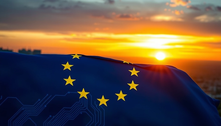 EU flag with digital circuit design, sunset background.