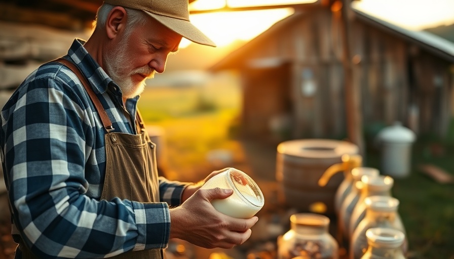 Farmer pouring milk in countryside, rustic scene and warm lighting.