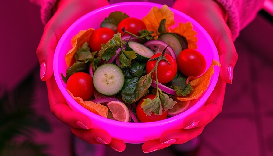 Neon pink salad bowl image; unique artistic style.