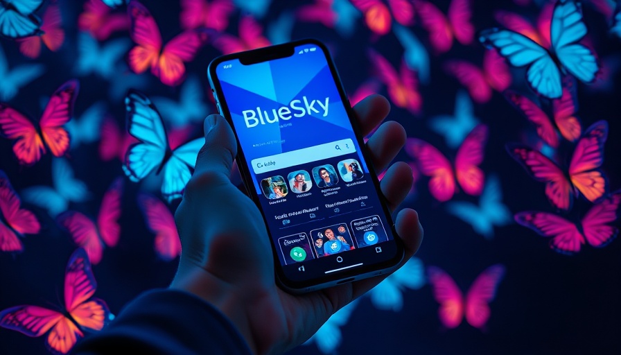 BlueSky app displayed on smartphone with butterfly holograms.