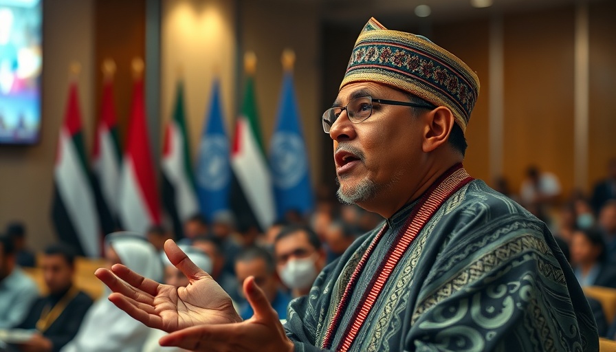 Speaker at climate conference with UN and UAE flags.