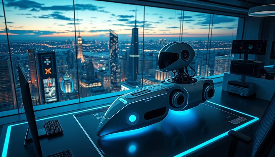 Futuristic Edge AI device in modern office setup with cityscape view.