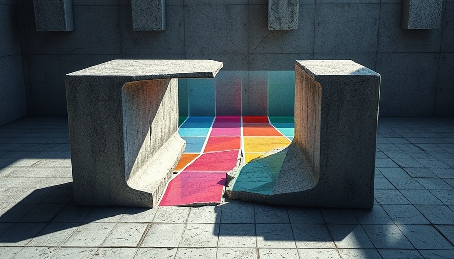 Futuristic art with colorful pathways in concrete block for SmolVLM AI.