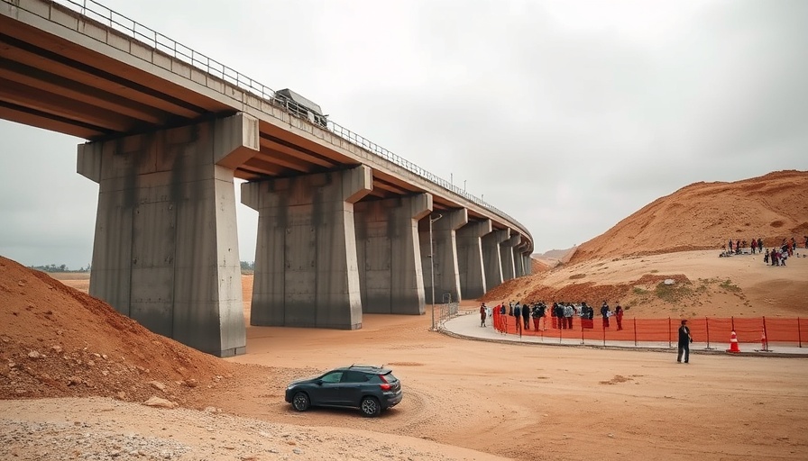 Unfinished bridge over dry riverbed with stranded car and onlookers.