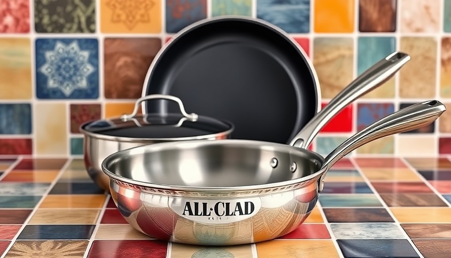 Stylish All-Clad cooking pans on colorful tiles - find All-Clad deals.