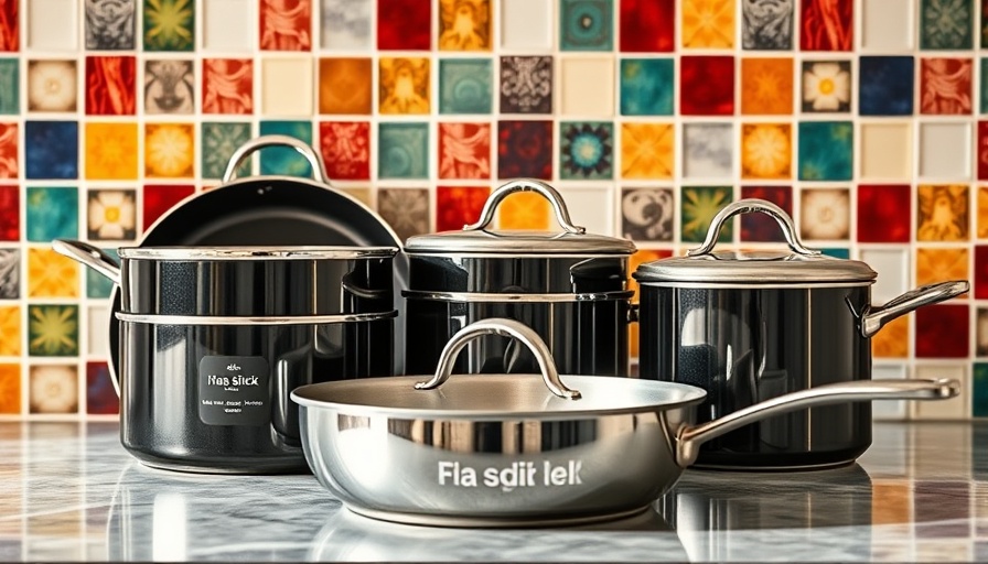 Black Friday cookware deals on non-stick pans against colorful tiles.