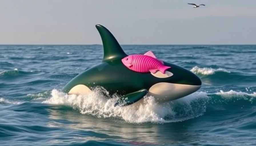 Surreal orca with pink fish and ocean waves, Warren Buffett philanthropy theme.