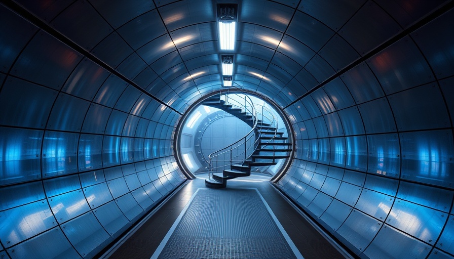 Interior of missile silo Airbnb with blue-lit corridor