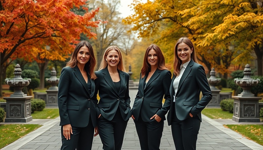 Women in suits smiling in a scenic park with autumn foliage.