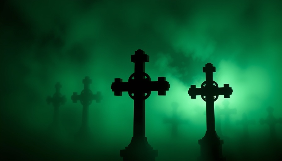 Mysterious cemetery crosses in green fog atmosphere