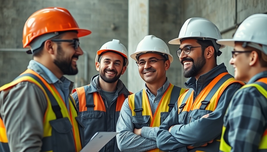 Construction workers discussing 3D AI technology at a site.