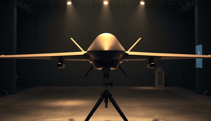 Advanced military drone highlighting AI military integration in dimly lit room.