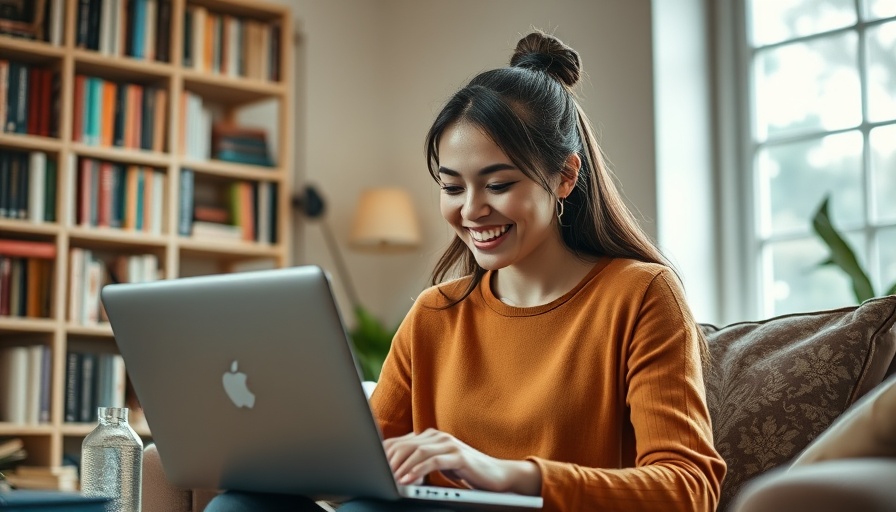 Young woman in cozy setting using laptop, warm lighting.