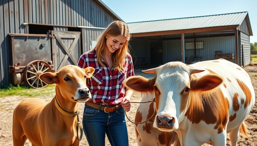 Woman with dog and cow on farm, uranium mining context