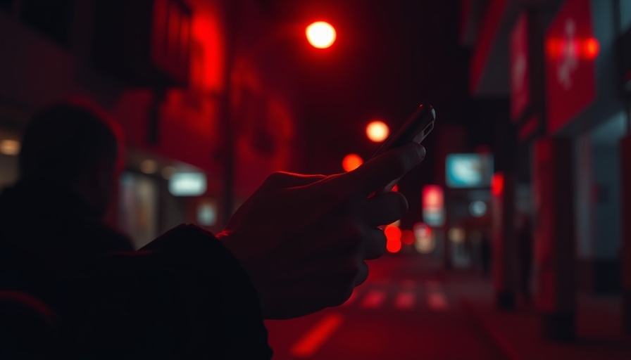 Dimly-lit scene with hand holding smartphone in red hue.