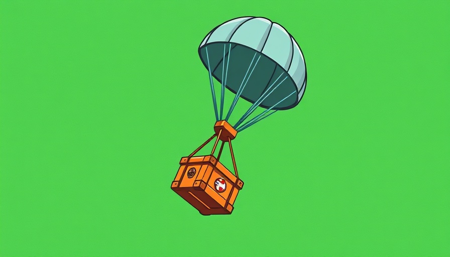 AI Humanitarian aid crate illustration with parachute on green background.